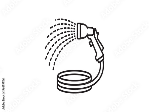 Garden hose nozzle, watering sprayer, irrigation icon, black line art isolated on White Background