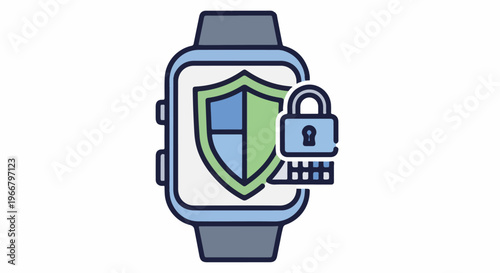 A digital illustration of a smartwatch displaying a shield and padlock icon, representing security