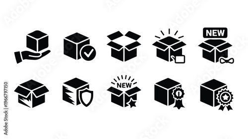 set of black and white icons depicting various package and delivery concepts