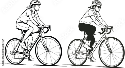 Two cyclists in motion a black and white sketch