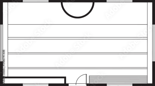 Architectural layout of a room, depicting its interior features with a meticulous eye for detail, the space includes storage shelves and a door, ideal for showcasing designs.