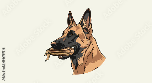 A dog with keen ears holds a cob of corn in its mouth, against a pale background