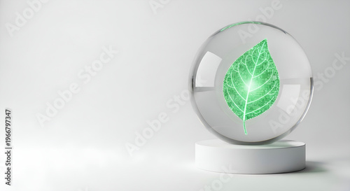 Sustainable green energy and environmental conservation concept with glowing leaf in glass sphere and copy space for eco-friendly corporate website banner