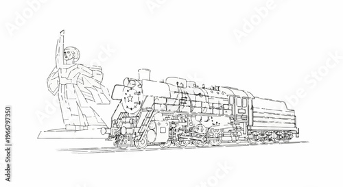 A drawing depicts a steam locomotive and a tall monument beside it