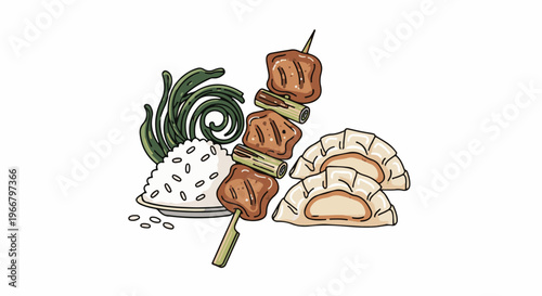 A delicious meal with rice, grilled meat skewers, and dumplings