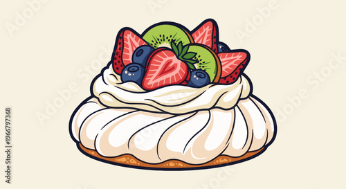 A delicious meringue dessert topped with cream and fresh fruit