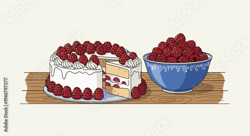 A delicious raspberry cake and a bowl overflowing with fresh raspberries
