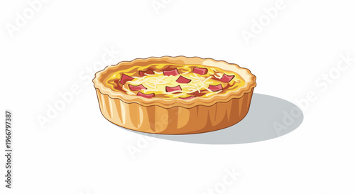 A delicious quiche with a flaky crust, filled with eggs, cheese, and ham