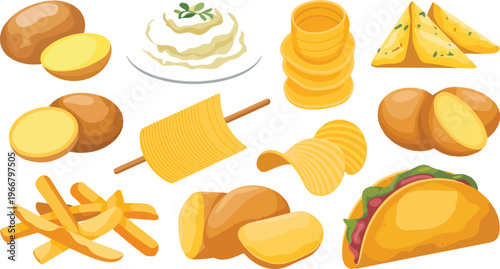 Flat colorful illustration of potato varieties featuring spiral chips, french fries, potato wedges, mashed potatoes, slices, and potato taco in grid layout