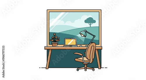 A desk with a laptop, plant, lamp, and chair facing a scenic window