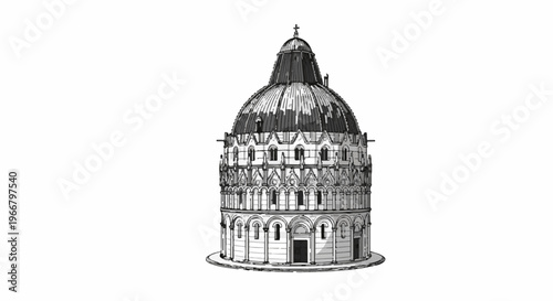 A detailed black and white illustration of a domed cylindrical building