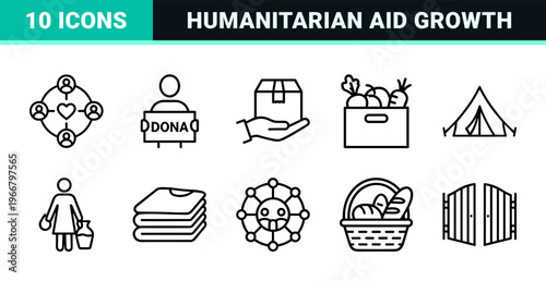 Charity and Humanitarian Aid Icon Set featuring Minimalist Monoline Symbols for Volunteerism, Donation, and Global Support in Crisp Geometric Line Art.