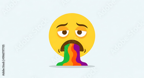 Yellow emoji face with a tired and sick expression vomiting a vibrant rainbow stream on a light background.