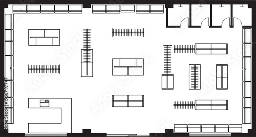 An architectural plan providing a bird's-eye view of an interior layout.