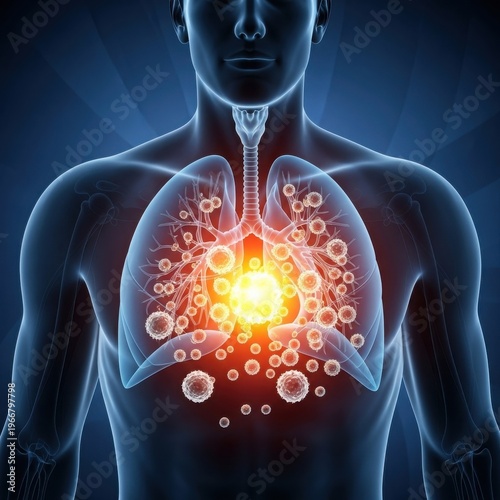 Illustration of a human body highlighting the respiratory system with glowing virus particles