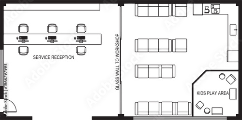Detailed top-view interior blueprint of a commercial space layout, designed to highlight an organizational workspace, customer waiting area and children's activity zone.