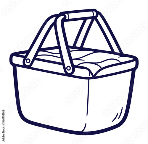 Simple outline illustration of a picnic basket with handle isolated on white background