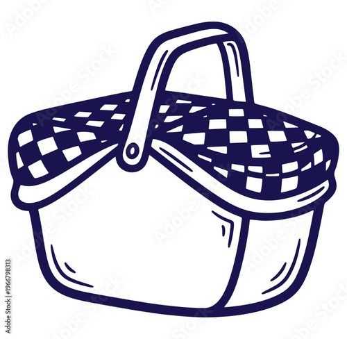 Simple vector illustration of a classic picnic basket with woven checkered lid