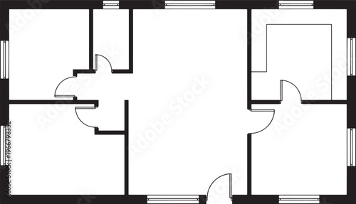 Architectural layout, a monochrome top-down view of a house plan, with a clear blueprint of the layout. showing the rooms and structure with details.