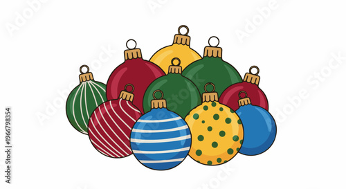 A cluster of festive, patterned, hanging Christmas ornaments