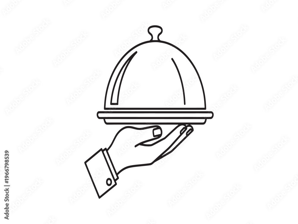Fototapeta premium Food, serving, cloche, hand, restaurant, icon, line art, black and white isolated on White Background