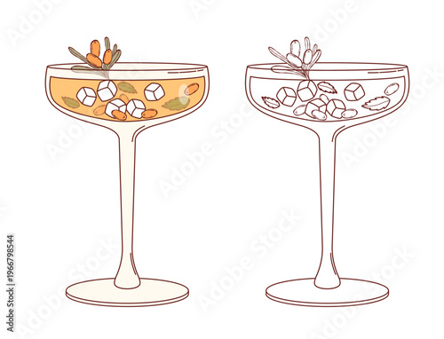 Sea Buckthorn Gourmet Cocktail in Coupe Glass. Elegant Alcohol Drink with Ice Cubes, Mint and Berry. Refreshing Beverage. Isolated Color and Line Art drawing, coloring page. Vector Illustration.