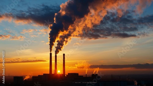 Industrial Twilight: Smoke billows from factory stacks against a dramatic sunset, symbolizing industrial impact and environmental concerns.