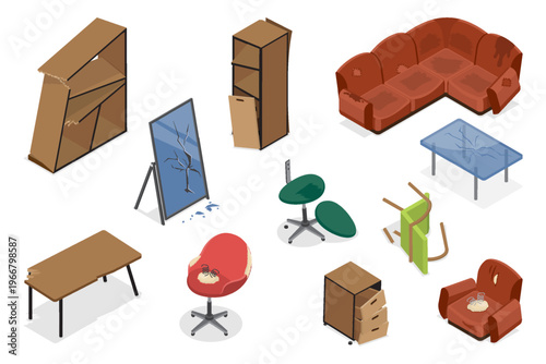 Broken room stuff, old furniture set. Couch, armchair with torn surface, damaged table, wardrobe, mirror, office furniture. 3d flat isometric vector illustration isolated on white background.