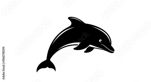 Sleek black silhouette of a dolphin leaping gracefully from the water depicted in a clean modern vector graphic style with a stark white background conveying freedom and the ocean