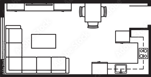 A top-down view of modern, minimalist apartment interior design, showcasing furniture layout.