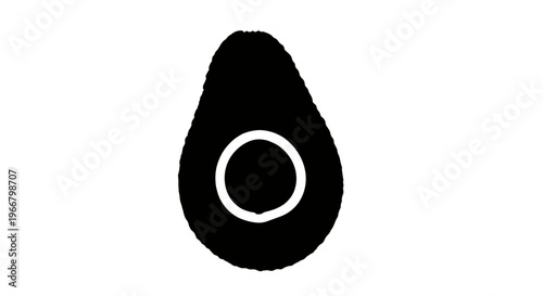 Abstract black avocado silhouette with glowing white ring and dark seed on white background minimalist graphic symbol representing healthy eating food concepts and modern design
