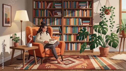 Cartoon animation of young woman reading a book in cozy room filled with plants and bookshelves afternoon sunlight