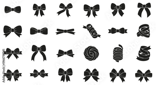 Collection of diverse black silhouette bow tie and ribbon designs for decorative elements crafting and gift wrapping isolated on white background