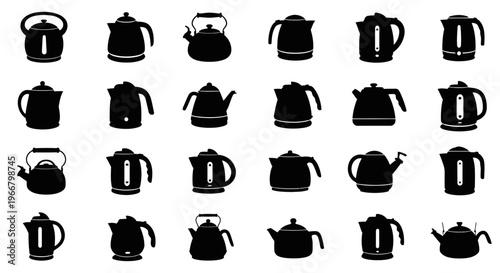 Collection of diverse silhouette kettle icons representing various kitchen appliances and hot beverage preparation tools ideal for culinary design and home goods branding