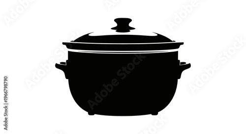 Classic black silhouette of a cooking pot with lid and handles isolated on a clean white background symbolizing culinary preparation and home cooking