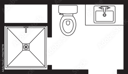 Clean and minimalist layout of a modern bathroom, showcasing a shower, toilet, and sink. This detailed overhead view offers a clear perspective on the spatial arrangement.