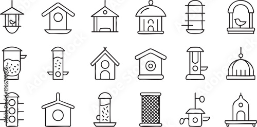 Birdhouse and Feeder Outline Icons Collection for Garden and Wildlife Design