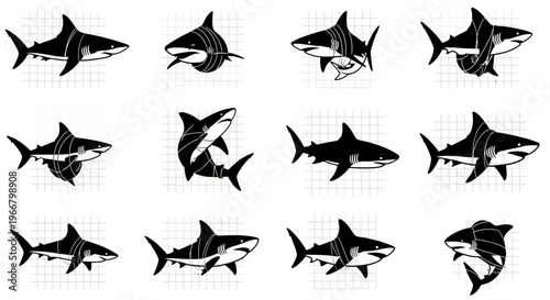 Collection of diverse shark silhouettes in various dynamic poses and angles presented against a clean white grid background for versatile graphic design applications