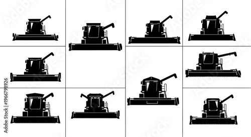 Collection of black silhouette combine harvester agricultural machinery icons isolated on white background representing modern farming technology and harvesting operations
