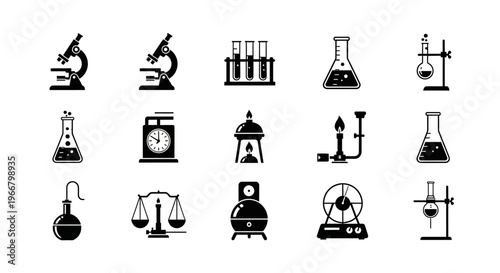Collection of vintage scientific laboratory equipment icons including microscopes beakers test tubes scales burners and flasks representing research and discovery isolated