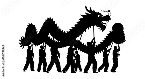Traditional chinese dragon dance performance with people on transparent background silhouette