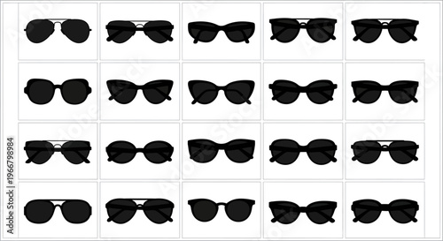 Collection of diverse black sunglasses showcasing various frame styles and lens shapes arranged in a grid isolated on a clean white background representing fashion and eye