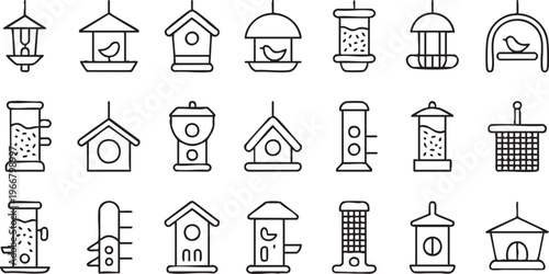 Minimal Line Bird Feeder Icon Set for Backyard Nature and Outdoor Graphics