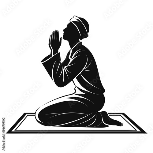 A black-and-white silhouette illustration of a man in prayer. His hands are pressed together in front of his face in a gesture of supplication or devotion.