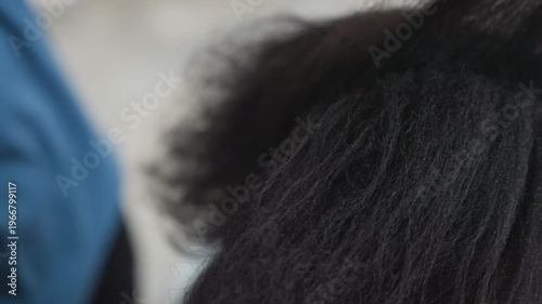 Closeup hair sectioning with pick comb showing hands parting natural texture and gently detangling coarse strands apprentice stylist at home, careful grooming routine, soft indoor light, tactile