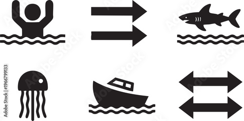 Marine Danger Icon Set for Beach Safety and Emergency Awareness Graphics