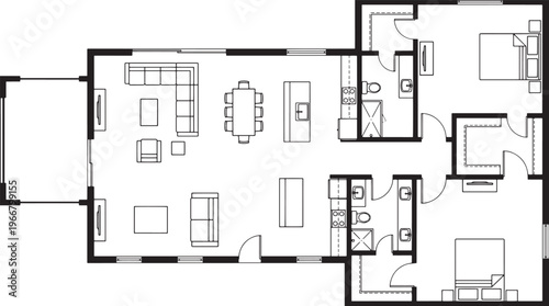 Elegant top-down house plan with a modern architectural style, a practical layout for a comfortable living experience, showcasing the home's potential.
