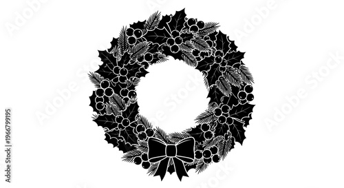 Festive circular christmas wreath adorned with holly berries and pine needles tied with a decorative bow isolated on a clean white background evoking holiday cheer and seasonal