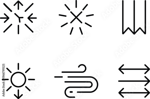Collection of simplistic weather and directional icons featuring sun wind arrows and ribbons isolated on transparent background