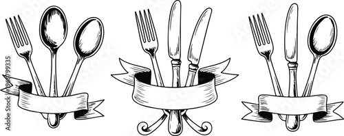 Hand drawn outline of three cutlery arrangements with curved ribbon banners detailed fork knife spoon line art composition